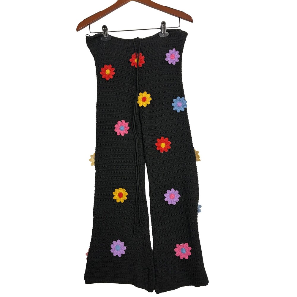 Handmade Black Crochet Flower Flare Pants Women's Boho Festival Y2K 14x26